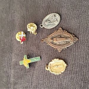 Set of six vintage Catholic medallions and pins.